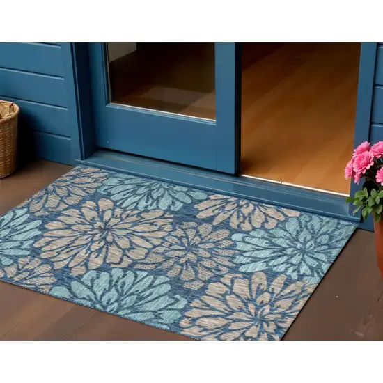 Navy Blue And Aqua Floral Indoor Outdoor Area Rug Photo 1