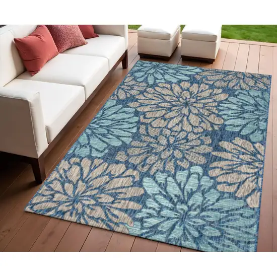 Navy Blue And Aqua Floral Indoor Outdoor Area Rug Photo 1