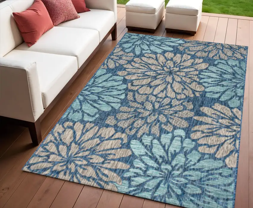 Navy Blue And Aqua Floral Indoor Outdoor Area Rug Photo 1