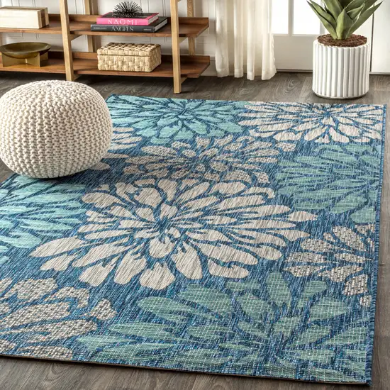 Navy Blue And Aqua Floral Indoor Outdoor Area Rug Photo 6