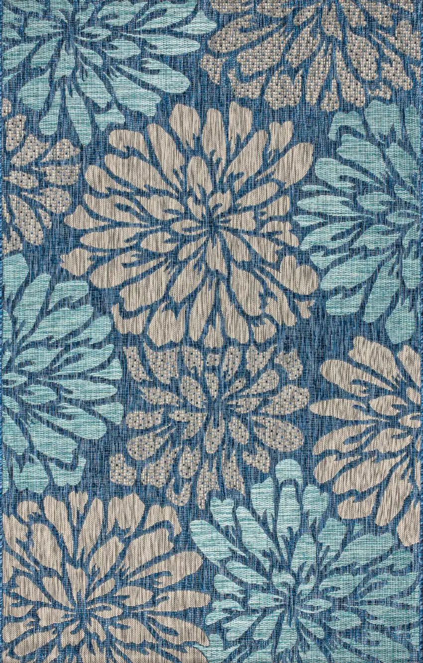 Navy Blue And Aqua Floral Indoor Outdoor Area Rug Photo 1