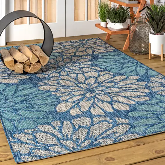 Navy Blue And Aqua Floral Indoor Outdoor Area Rug Photo 5