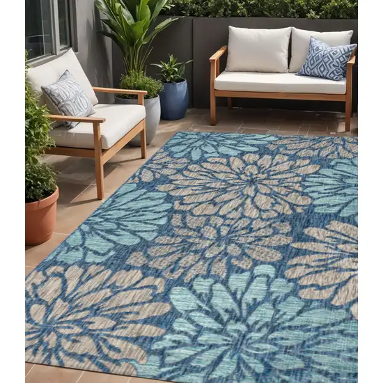 Navy Blue And Aqua Floral Indoor Outdoor Area Rug Photo 1