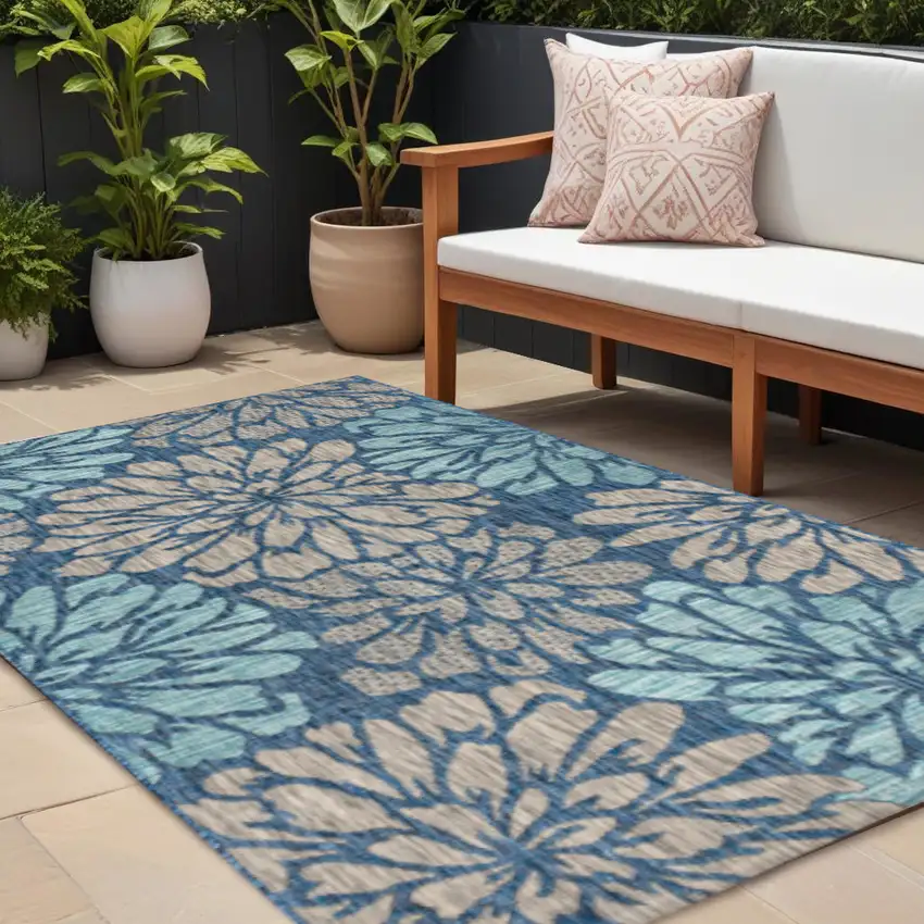 Navy Blue And Aqua Floral Indoor Outdoor Area Rug Photo 1