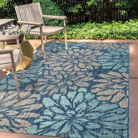 Navy Blue And Aqua Floral Indoor Outdoor Area Rug Photo 8