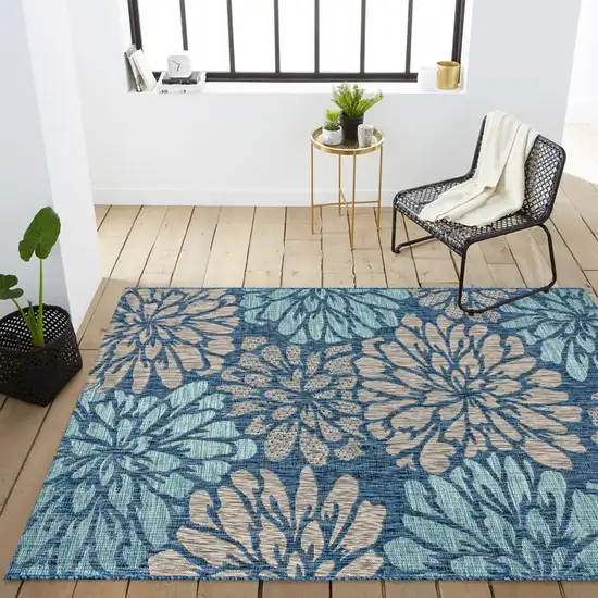 Navy Blue And Aqua Floral Indoor Outdoor Area Rug Photo 9