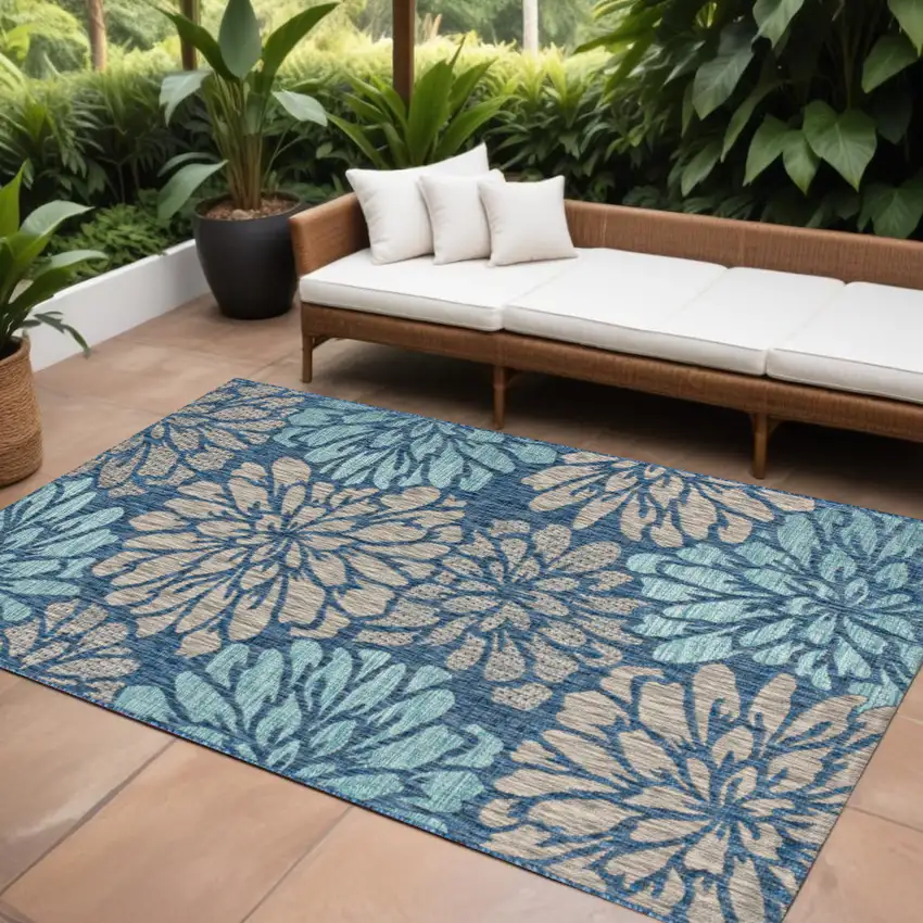 Navy Blue And Aqua Floral Indoor Outdoor Area Rug Photo 1