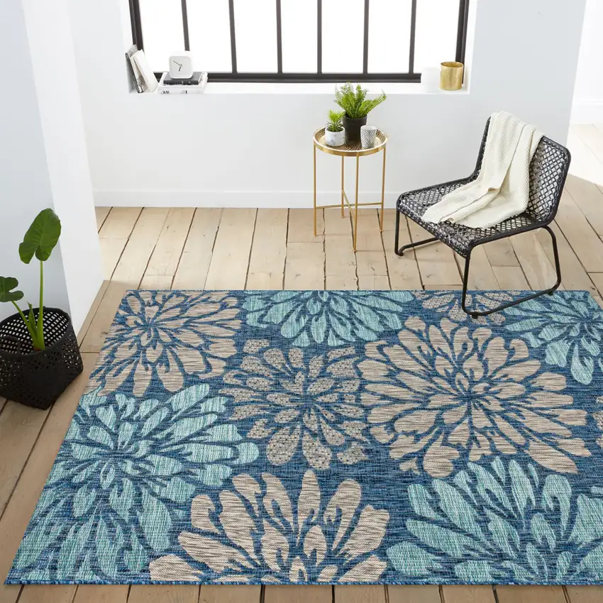 Navy Blue And Aqua Floral Indoor Outdoor Area Rug Photo 9