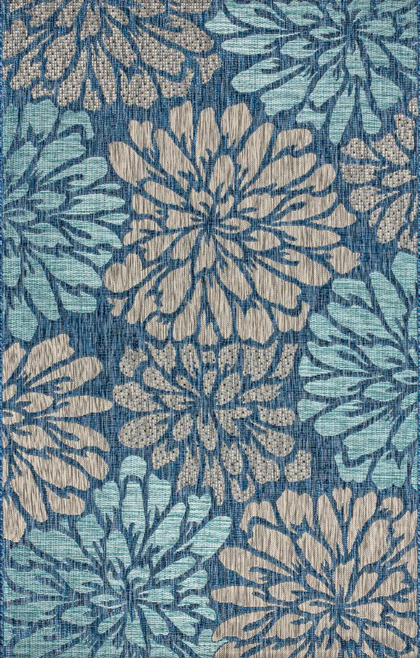 Navy Blue And Aqua Floral Indoor Outdoor Area Rug Photo 3