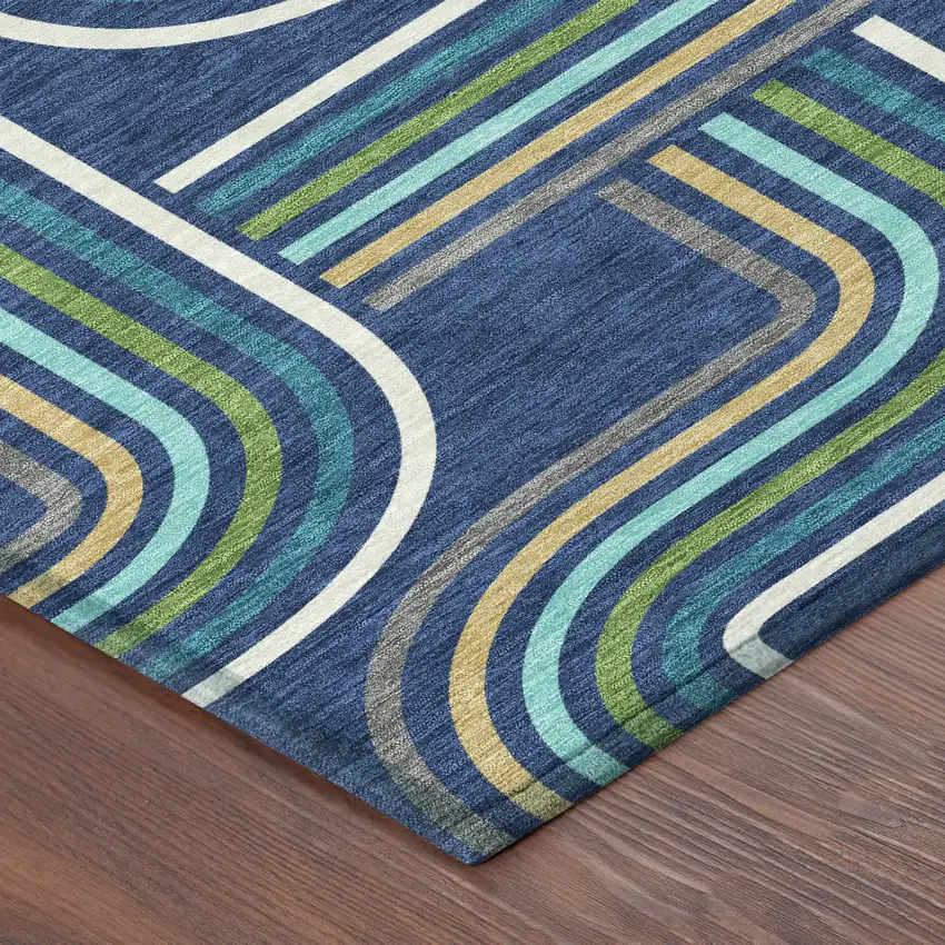Navy Blue And Aqua Geometric Washable Indoor Outdoor Area Rug Photo 5