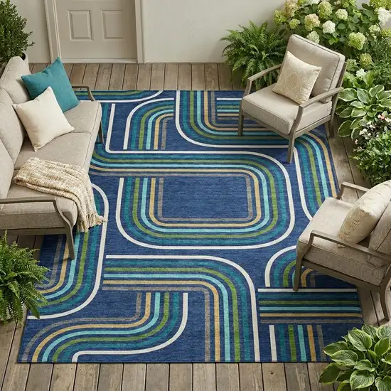 Navy Blue And Aqua Geometric Washable Indoor Outdoor Area Rug Photo 1