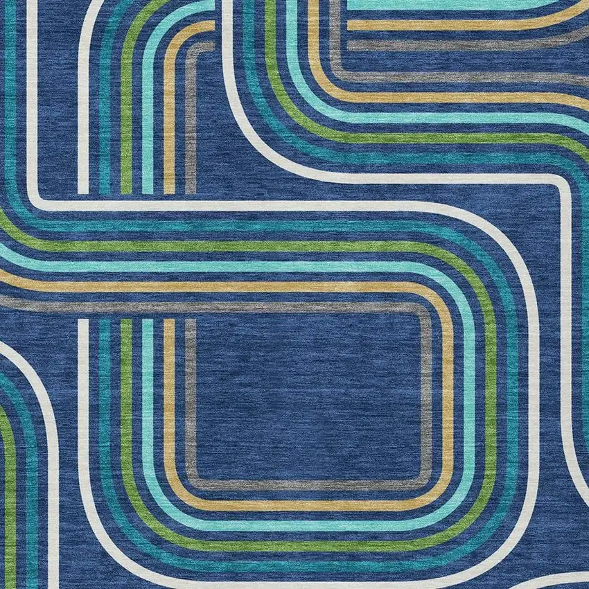 Navy Blue And Aqua Geometric Washable Indoor Outdoor Area Rug Photo 3