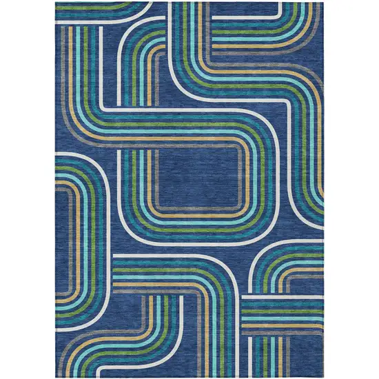 Navy Blue And Aqua Geometric Washable Indoor Outdoor Area Rug Photo 2
