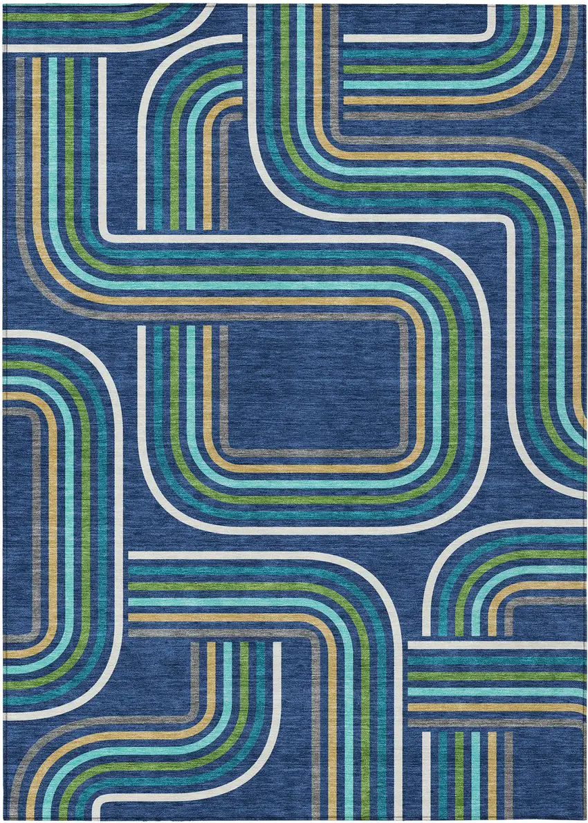 Navy Blue And Aqua Geometric Washable Indoor Outdoor Area Rug Photo 2