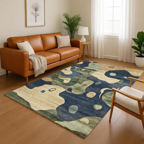 Navy Blue And Beige Abstract Washable Area Rug With UV Protection Photo 5