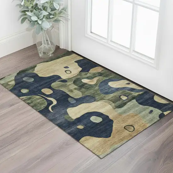 Navy Blue And Beige Abstract Washable Area Rug With UV Protection Photo 2