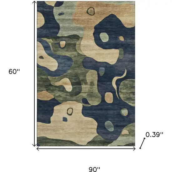 Navy Blue And Beige Abstract Washable Area Rug With UV Protection Photo 9