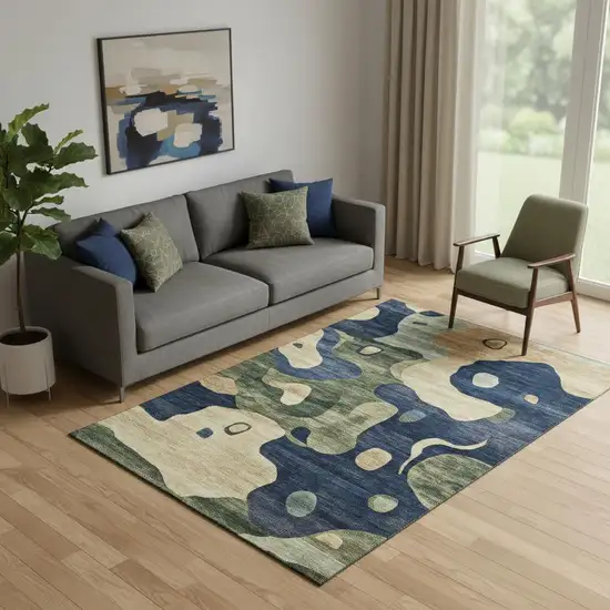 Navy Blue And Beige Abstract Washable Area Rug With UV Protection Photo 2