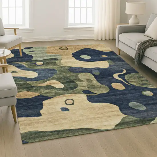 Navy Blue And Beige Abstract Washable Area Rug With UV Protection Photo 6