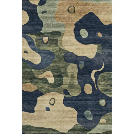 Navy Blue And Beige Abstract Washable Area Rug With UV Protection Photo 1