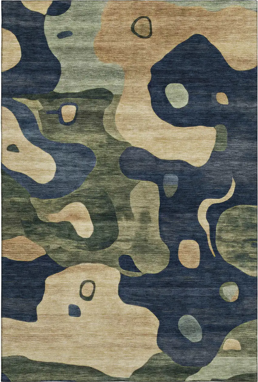 Navy Blue And Beige Abstract Washable Area Rug With UV Protection Photo 1