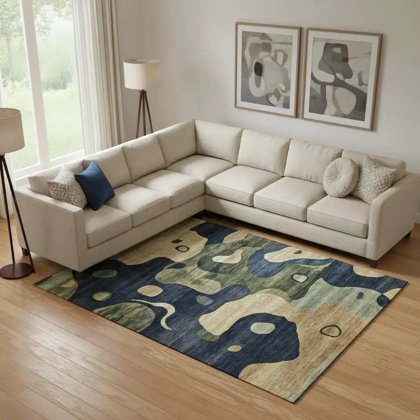Navy Blue And Beige Abstract Washable Area Rug With UV Protection Photo 2