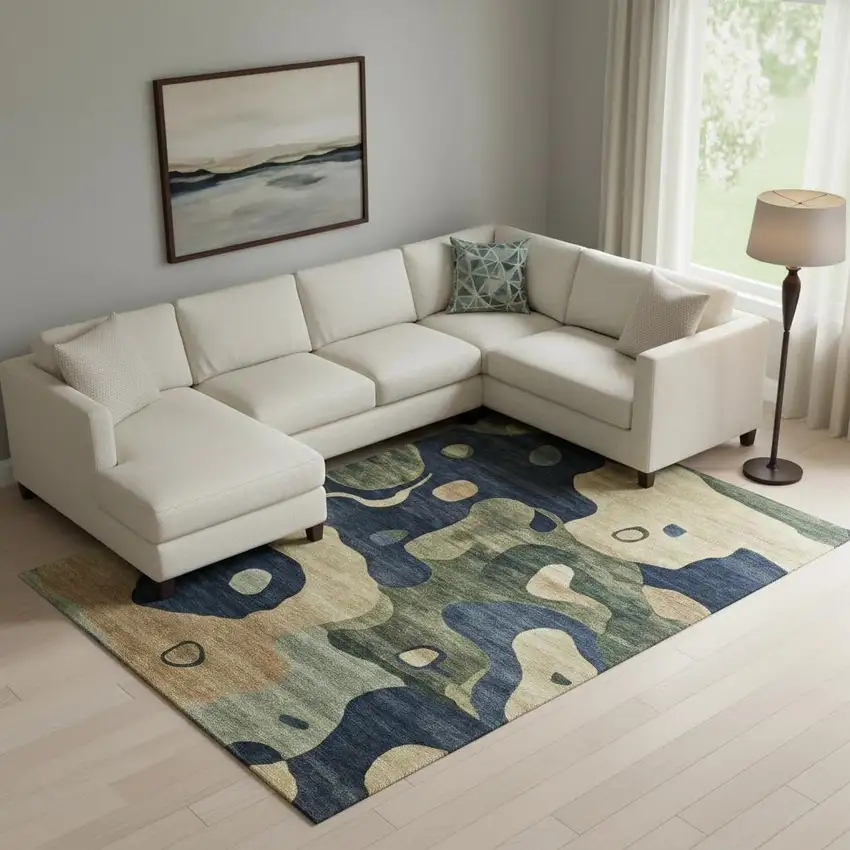 Navy Blue And Beige Abstract Washable Area Rug With UV Protection Photo 2