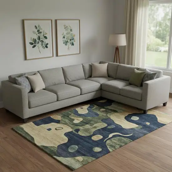 Navy Blue And Beige Abstract Washable Area Rug With UV Protection Photo 2