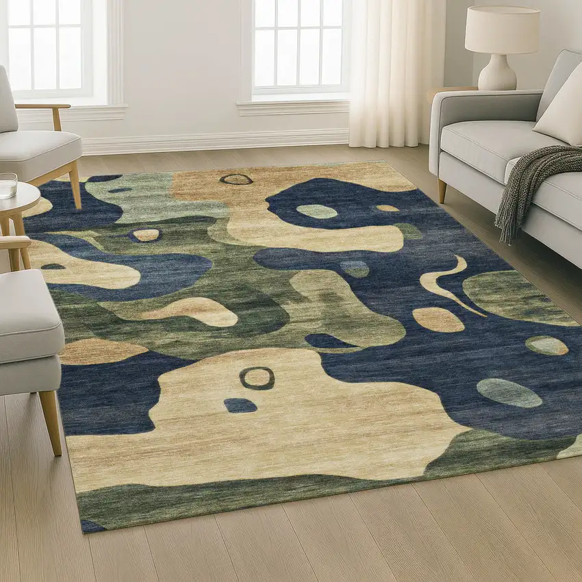 Navy Blue And Beige Abstract Washable Area Rug With UV Protection Photo 6