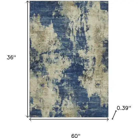 Navy Blue And Beige Abstract Washable Area Rug With UV Protection Photo 9