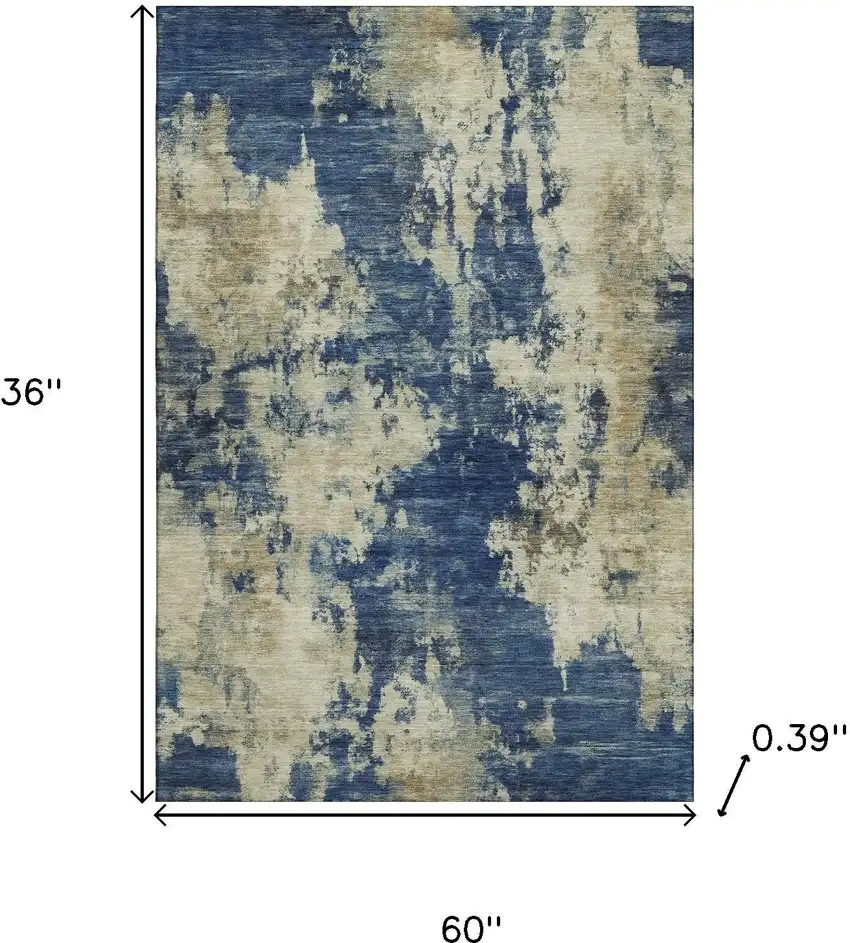 Navy Blue And Beige Abstract Washable Area Rug With UV Protection Photo 9