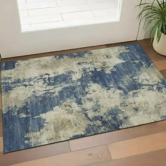 Navy Blue And Beige Abstract Washable Area Rug With UV Protection Photo 2