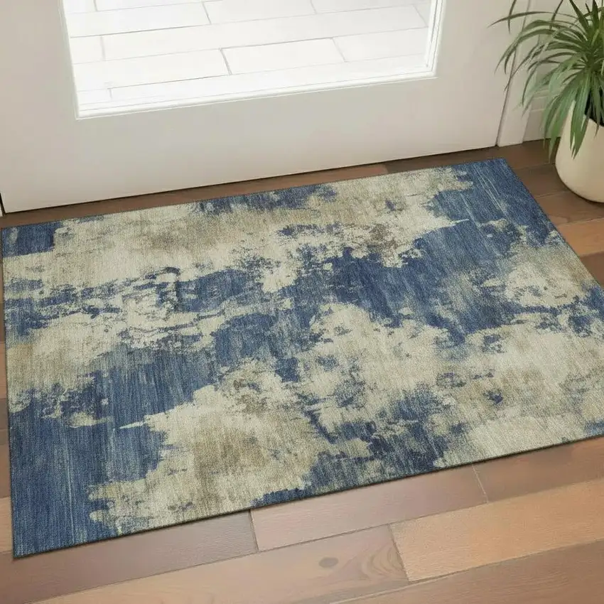 Navy Blue And Beige Abstract Washable Area Rug With UV Protection Photo 2