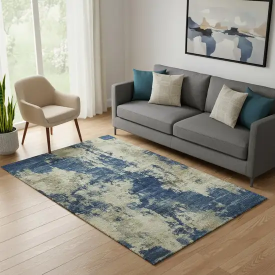 Navy Blue And Beige Abstract Washable Area Rug With UV Protection Photo 2