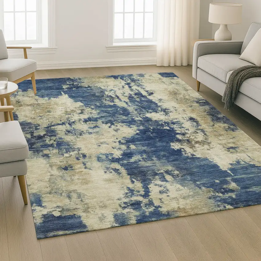 Navy Blue And Beige Abstract Washable Area Rug With UV Protection Photo 6