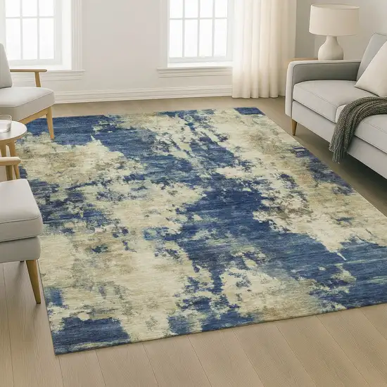 Navy Blue And Beige Abstract Washable Area Rug With UV Protection Photo 6