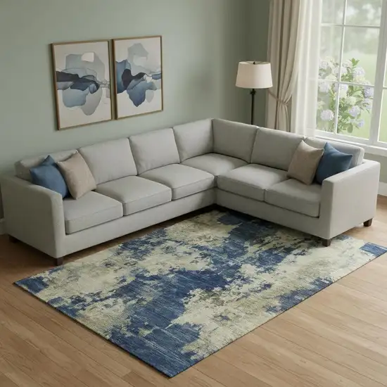 Navy Blue And Beige Abstract Washable Area Rug With UV Protection Photo 2