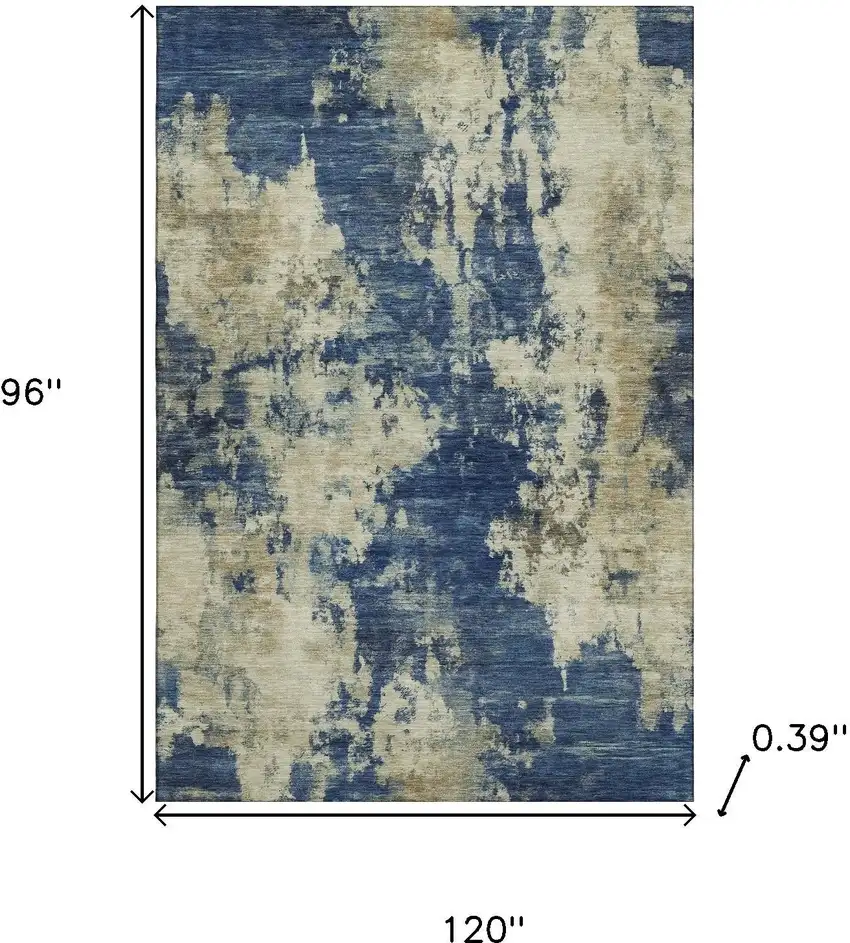 Navy Blue And Beige Abstract Washable Area Rug With UV Protection Photo 9