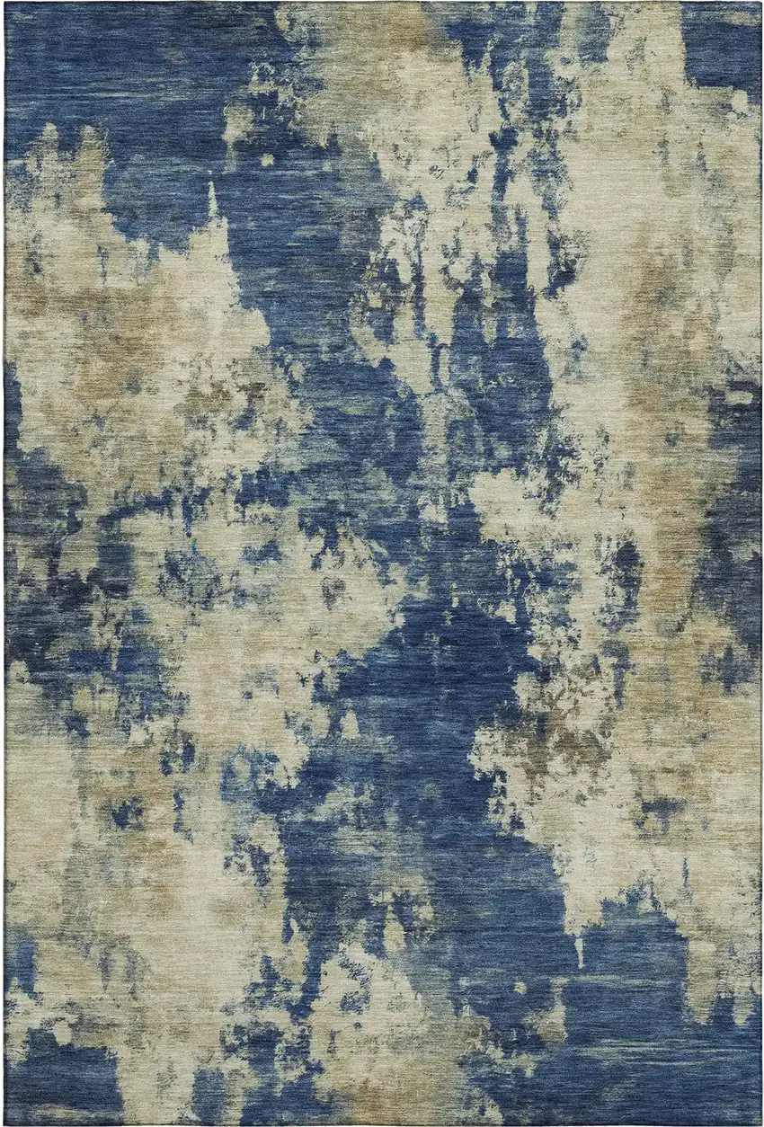 Navy Blue And Beige Abstract Washable Area Rug With UV Protection Photo 1