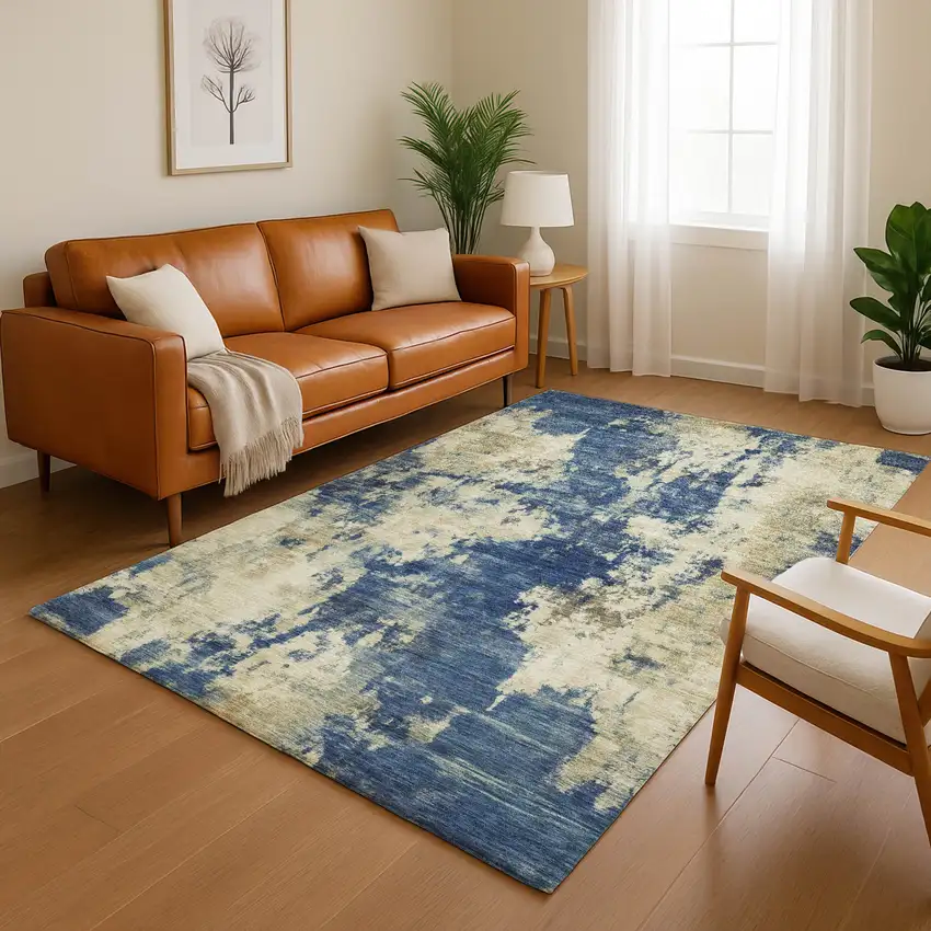 Navy Blue And Beige Abstract Washable Area Rug With UV Protection Photo 5