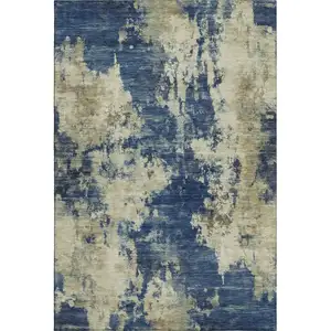 Photo of Navy Blue And Beige Abstract Washable Area Rug With UV Protection