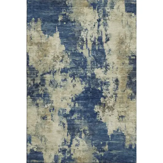 Navy Blue And Beige Abstract Washable Area Rug With UV Protection Photo 1