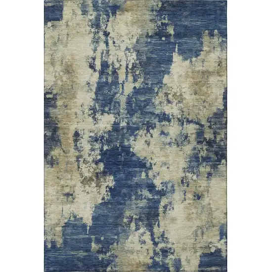 Navy Blue And Beige Abstract Washable Area Rug With UV Protection Photo 4