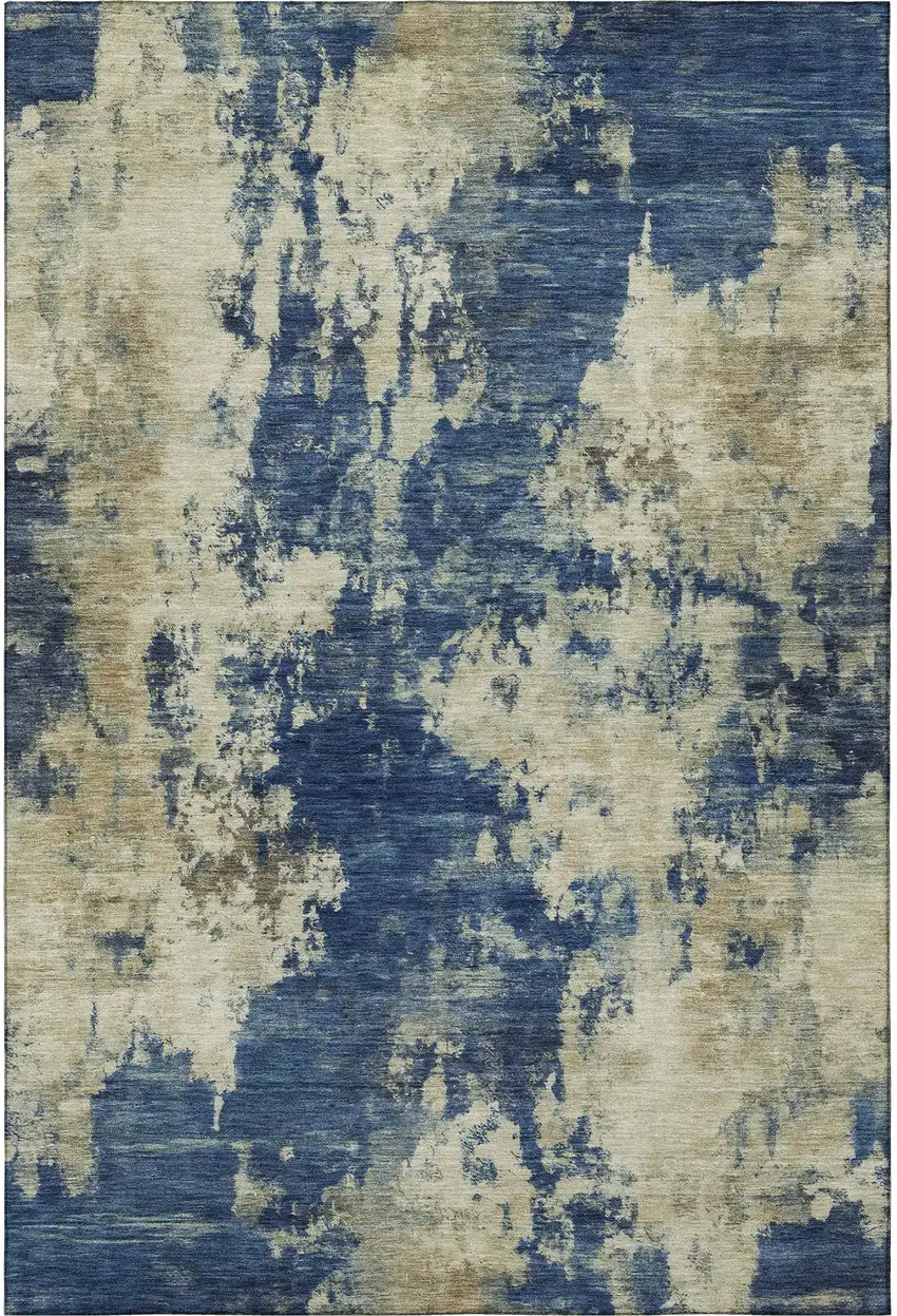 Navy Blue And Beige Abstract Washable Area Rug With UV Protection Photo 4