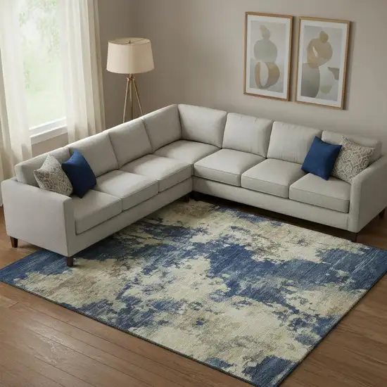 Navy Blue And Beige Abstract Washable Area Rug With UV Protection Photo 2