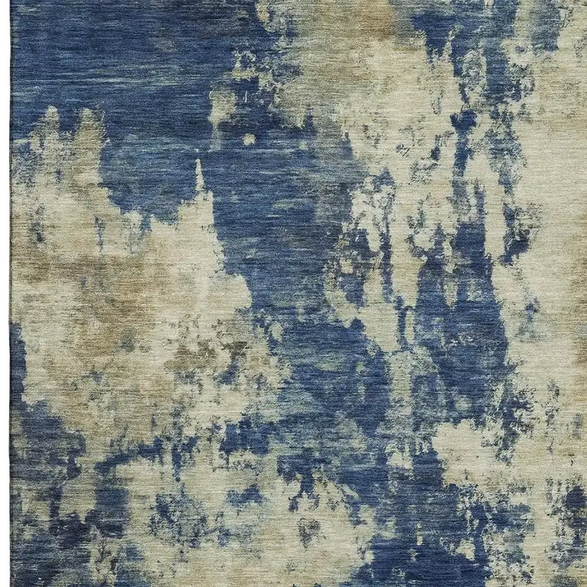 Navy Blue And Beige Abstract Washable Area Rug With UV Protection Photo 3