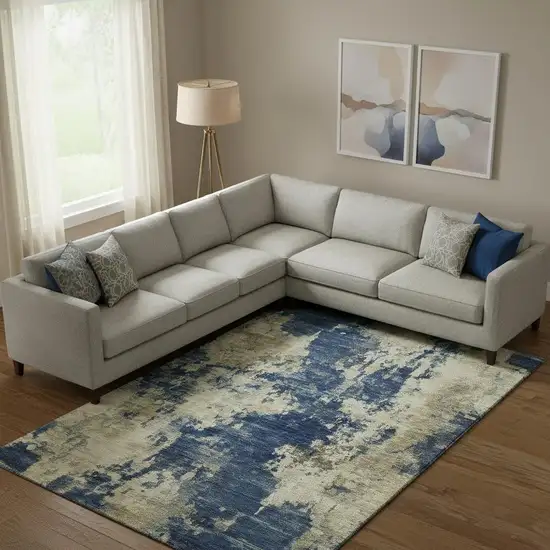 Navy Blue And Beige Abstract Washable Area Rug With UV Protection Photo 2