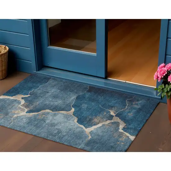 Navy Blue And Beige Abstract Washable Indoor Outdoor Area Rug Photo 2