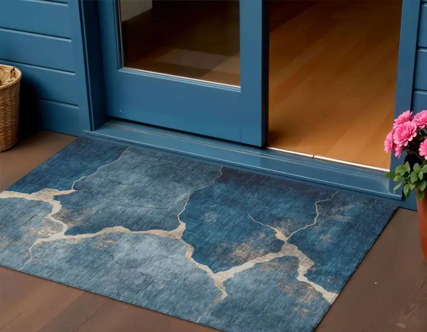 Navy Blue And Beige Abstract Washable Indoor Outdoor Area Rug Photo 2