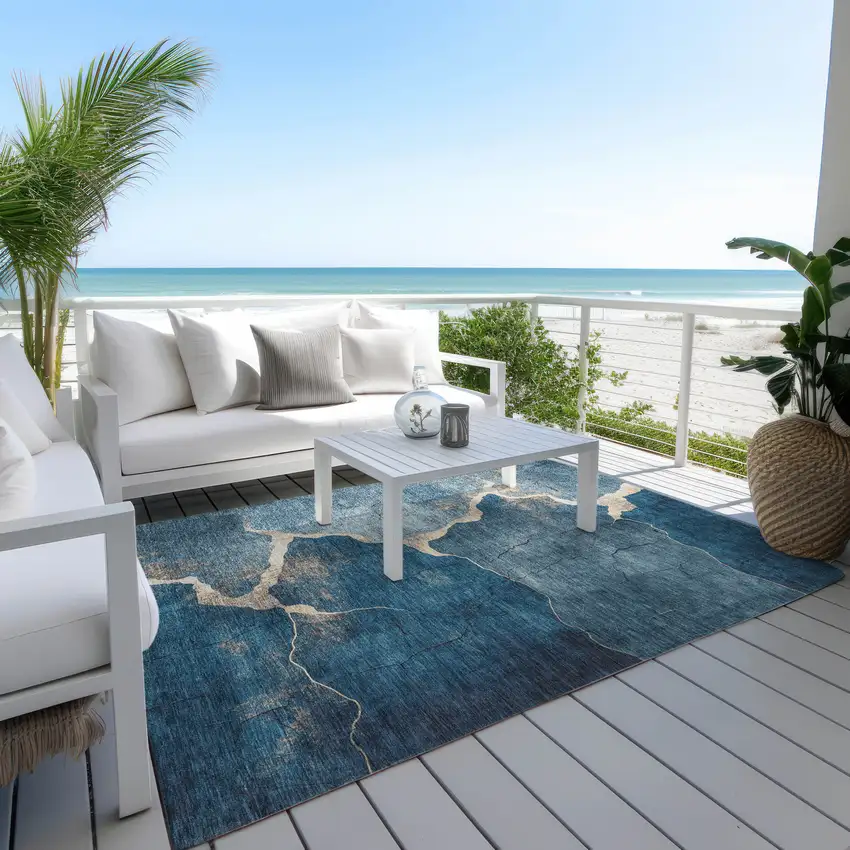 Navy Blue And Beige Abstract Washable Indoor Outdoor Area Rug Photo 4